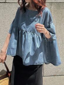 FRIFUL 女式牛仔衬衫，圆领泡泡袖，不对称下摆设计，宽松版型，百搭休闲、度假 - 中等水洗藍 - 查看 4