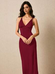 Poéselle Women's Sexy Backless Dress With Halter Neck, Summer,Club Sexy Outfits, Going Out - Burgundy - View 2