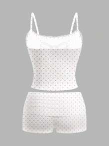 DOMINATE Y2k Women's Summer Sexy Lace Polka Dot & Bow Print Knit Camisole And Shorts 2 Pieces Set - Pink - View 2