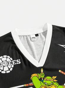 TEENAGE MUTANT NINJA TURTLES | SHEIN Men's Loose Knit Colorblock Casual Cartoon Graphic V-Neck Short Sleeve T-Shirt Sportswear - Black - View 3