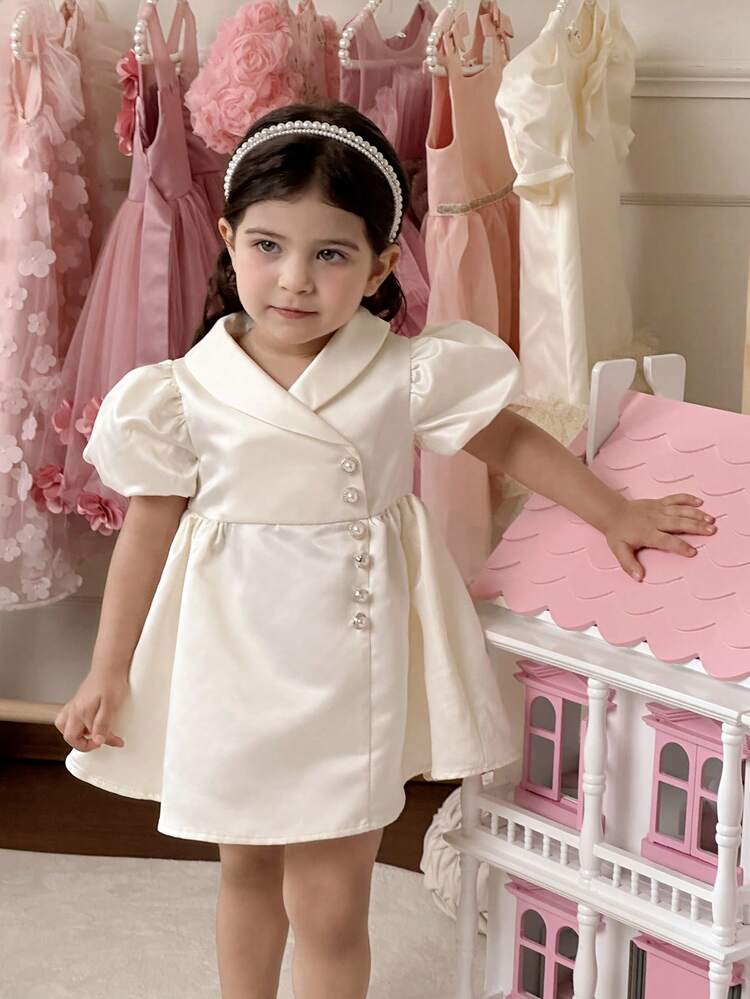 Babygirl 别致优雅都市缎面香槟色短袖连衣裙 - 香檳色 - 查看 4