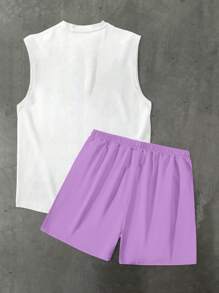 Manfinity RSRT Men's Summer Letter & Palm Tree Printed Tank Top And Shorts Set - Mauve Purple - View 2