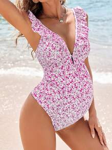 SHEIN Đồ bơi liền thân họa tiết hoa nhún bèo cho bà bầu, trang phục đi biển cho kỳ nghỉ - Hồng - Xem 1