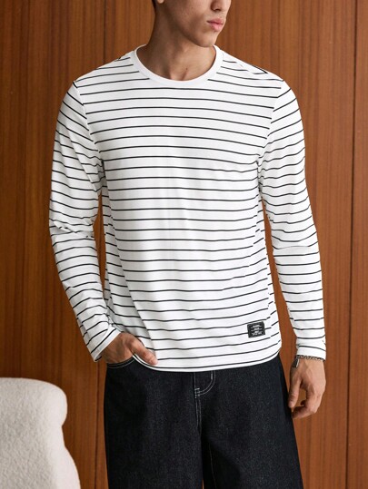 Guys Striped Print Patched Detail Tee