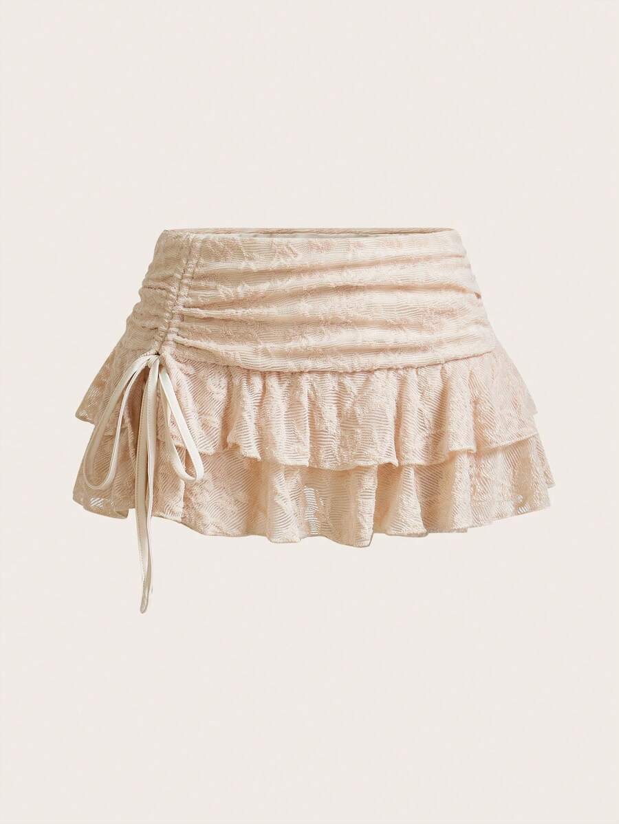 Sweetina Textured Mesh Drawstring Tiered Cascading Maxi Skirt - Apricot - View 1