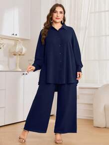 Graceveil Set de 2 piezas de talla grande de chaqueta y pantalones de unicolor de verano, de moda - Azul Marino - Ver 4