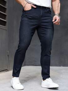 Manfinity Homme Men's Casual Washed Slim Tapered Skinny Black Jeans - Blue - View 6