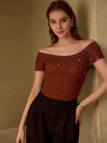 MOTF PREMIUM STRASS SLIM FIT KURZARM STRICKOBERTEIL - Kaffeebraun - Übersicht 7
