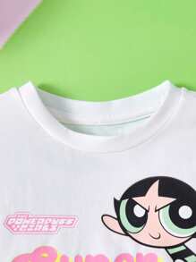 THE POWERPUFF GIRLS X SHEIN Set da ragazza di maglietta a maniche corte con stampa di lettere cartoni animati e pantaloncini corti, stile casual, per l'estate