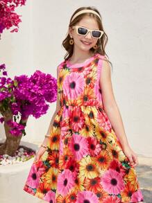 SHEIN Tween Girls Colorful Holiday Sunflower Print Round Neck Sleeveless Dress, Suitable For Summer Seaside Vacation Wear - Multicolor - View 1