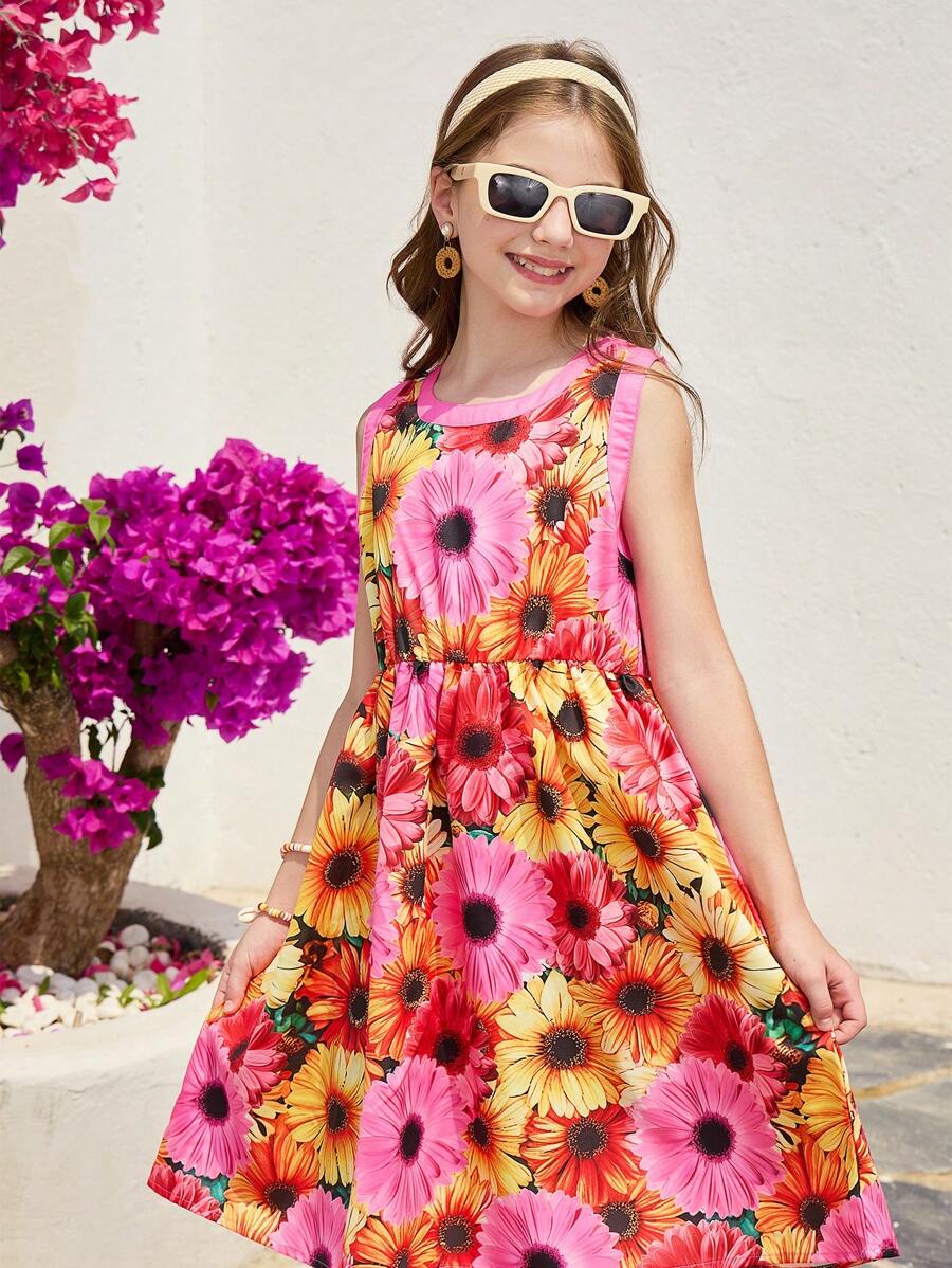 SHEIN Tween Girls Colorful Holiday Sunflower Print Round Neck Sleeveless Dress, Suitable For Summer Seaside Vacation Wear - Multicolor - View 1