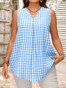 EMERY ROSE 大码女式夏季格子纽扣V领无袖衬衫蓝白格子上衣女式夏季上衣