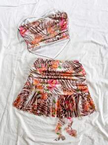 Soleia 女士节日性感花卉和动物印花 V 领系带露背上衣，适合派对、约会、婚礼、海滩、游轮、音乐节、春夏季波西米亚风度假