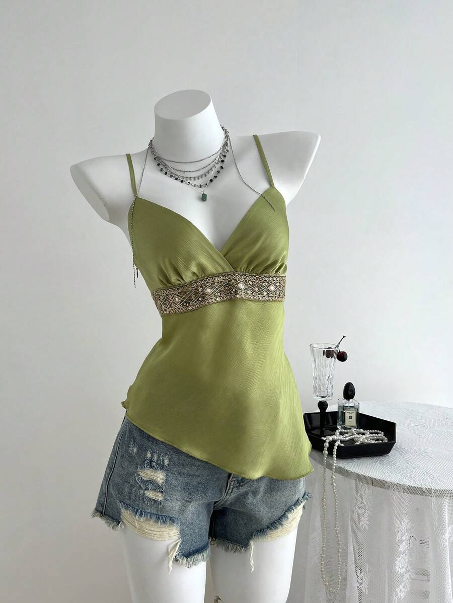 Elamini Áo ba lỗ cổ chữ V viền bất đối xứng màu xanh lá cây, Xuân/Hè - màu xanh lá - Xem 1