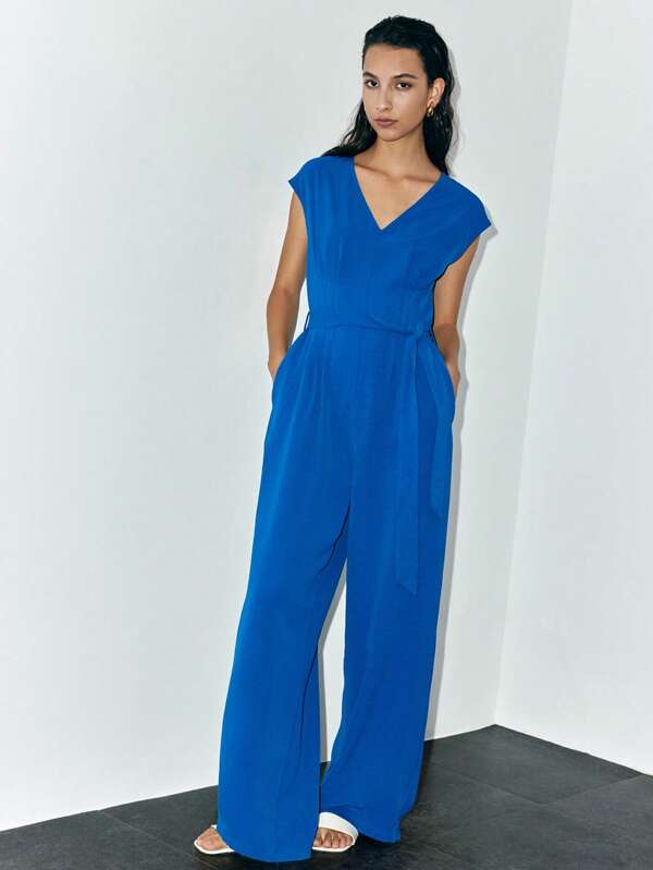 Lumivelle V-Ausschnitt Gürtel Taschen Jumpsuit für Damen, Lässige Weite Beine
