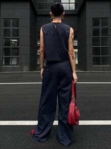 DAZY Bộ 2 món áo vest nữ kiểu dáng thường ngày, thích hợp cho kỳ nghỉ, hoặc bộ quần short nữ. - Màu xanh hải quân - Xem 4