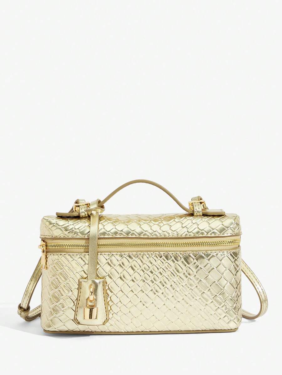 SHEIN SXY Ladies, Women Top Handle Bags ,Woven Bags, Fashionable, Simple, Elegant, Versatile, Classic, Woven PU,Red Bag,Metal Padlock Decoration,For Commute, Office,Date, Daily,Shopping, Afternoon Tea - Gold - View 1