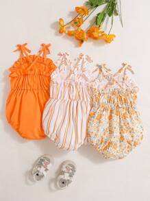 SHEIN Baby Girl Frilled Straps Button Design Bodysuit - Multicolor - View 2