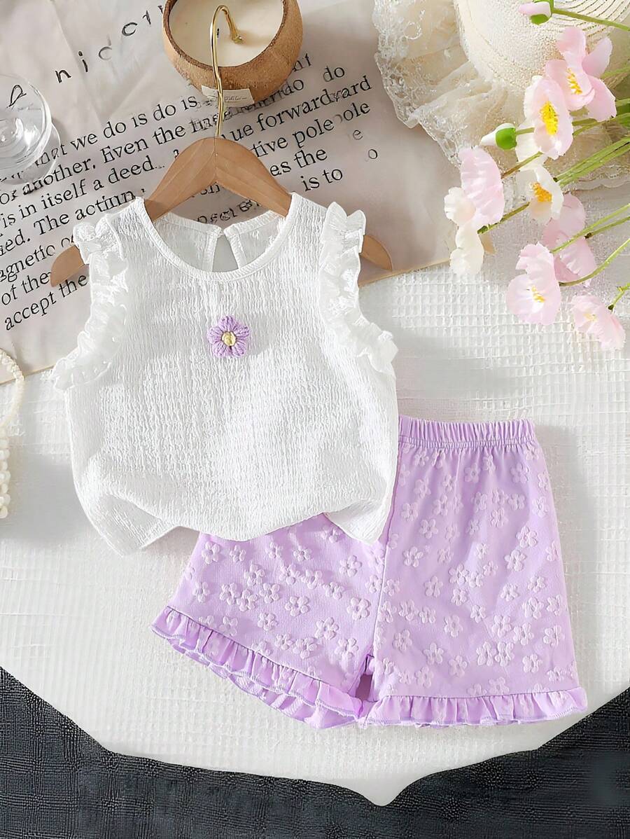 Girls Casual Cute Round Neck Sleeveless Ruffle Hem Textured Fabric Floral Vest Top And Elastic Waist Patterned Shorts Set - Purple - View 1