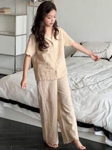 DAZY Conjunto de pijama de unicolor con bordado y mangas cortas para niña preadolescente - Caqui - Ver 1