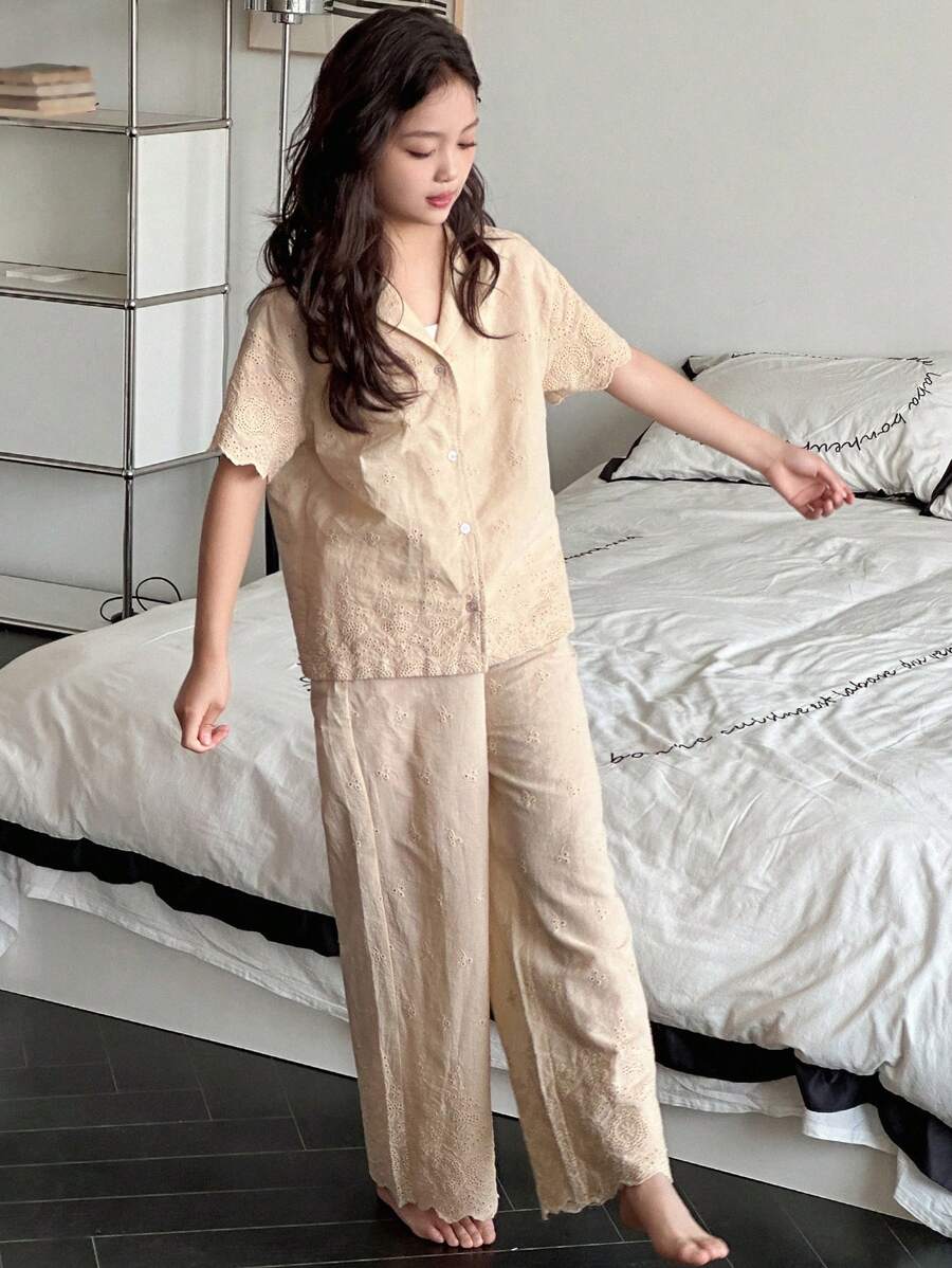 DAZY Conjunto de pijama de unicolor con bordado y mangas cortas para niña preadolescente - Caqui - Ver 1