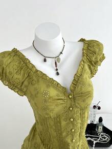 Elamini 女士方领刺绣腰部修身休闲衬衫，纯色，适合日常穿着，春夏季