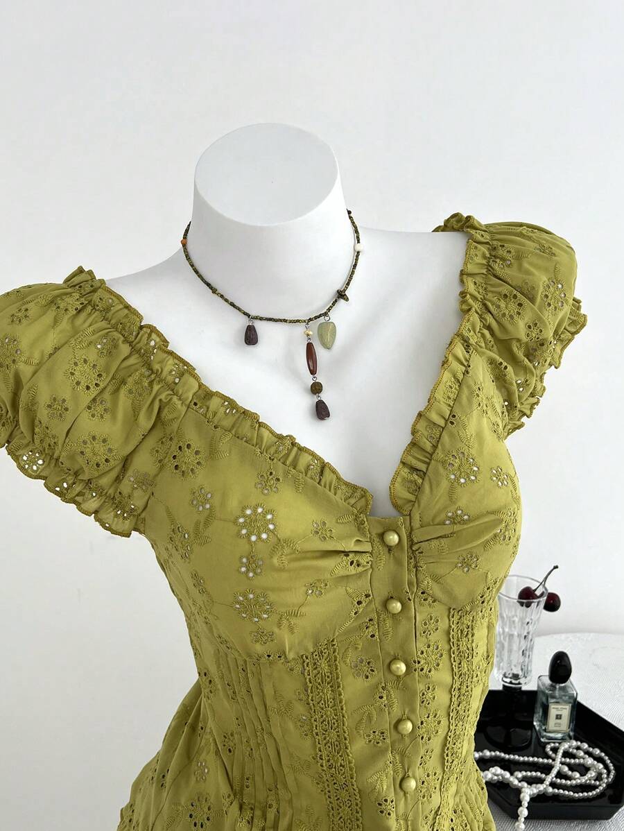 Elamini 女士方领刺绣腰部修身休闲衬衫，纯色，适合日常穿着，春夏季