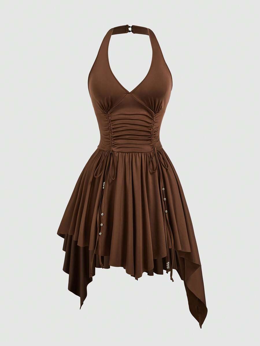 Sweetra 大码露背收腰不对称下摆度假休闲迷你连衣裙 - 棕色 - 查看 1