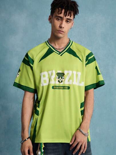Prep Men's Brazilian Football Short Sleeve T-Shirt, Bestselling Green Football Street & Casual Textured Badge English Contrast Color Splicing Short Sleeve Brazilian Football T-Shirt.