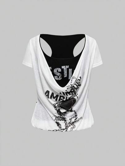 Grunge Punk T-shirt à col montant superposé avec imprimé crâne, ourlet à volant de style Harajuku Punk Y2K