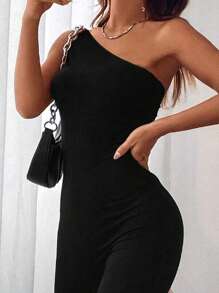 SHEIN EZwear Mono de pierna acampanada de unicolor para mujer, adecuado para el verano - Negro - Ver 3