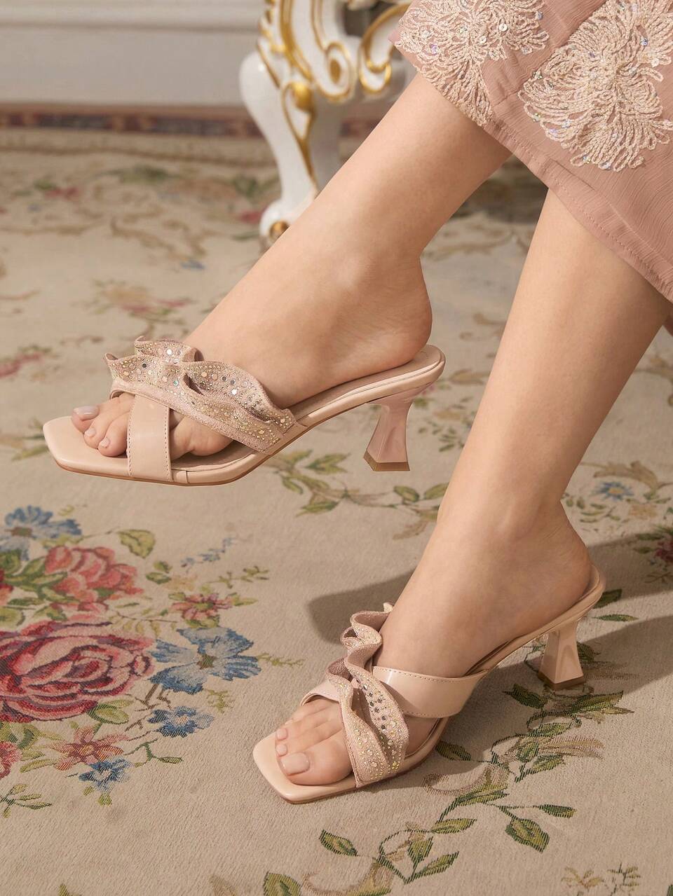 CUCCOO TILAWA Rhinestone Decorated Sexy Nightclub Party Pumps, Square Toe Stiletto Heels Wine Glass Heel Mid Heels Gold Women High Heel Sandals Transparent PVC Glitter Sparkle