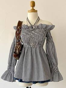 INAWLY Women's Striped Long Sleeve Off Shoulder Blouse - Black and White - View 1