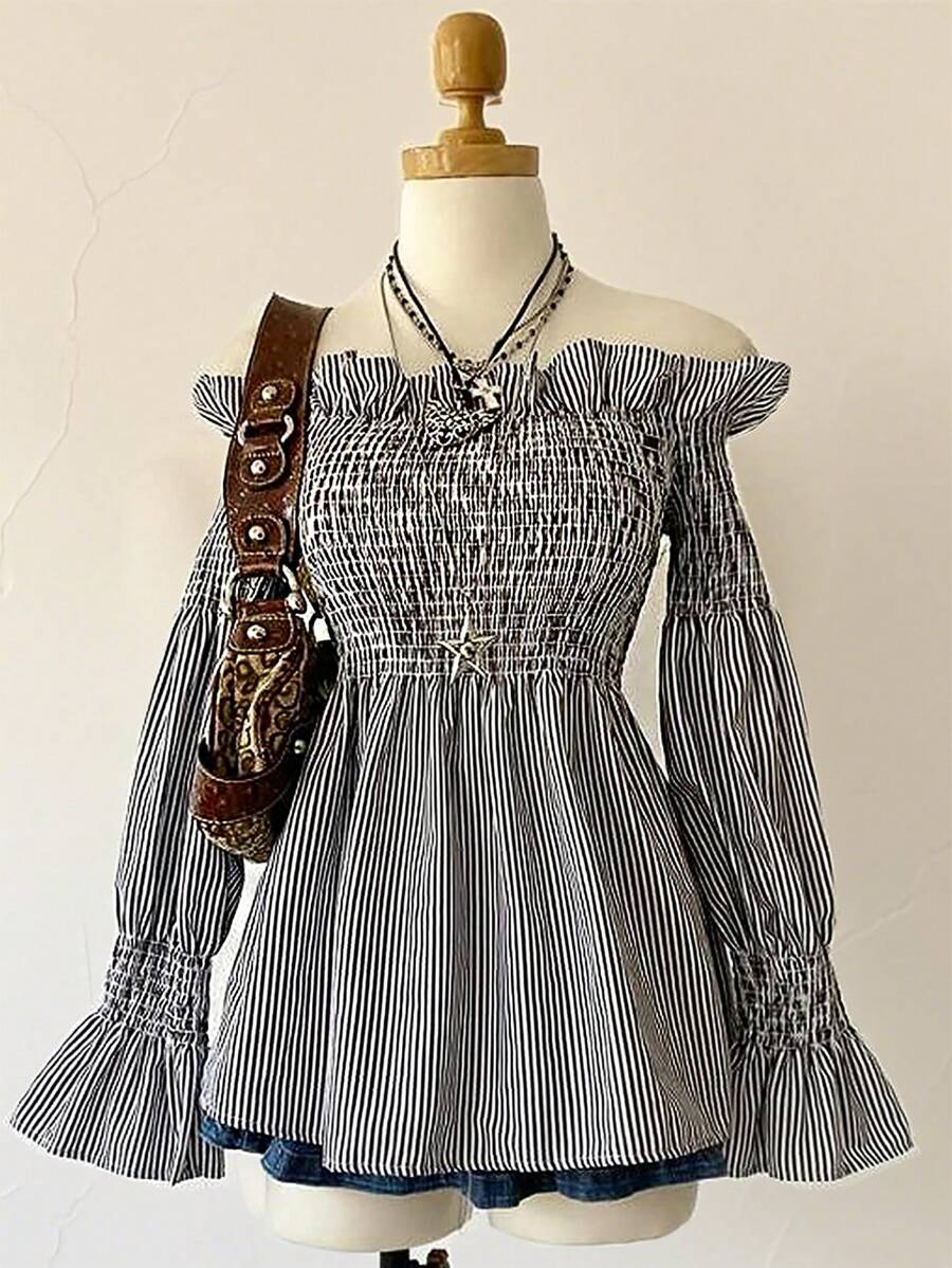 INAWLY Women's Striped Long Sleeve Off Shoulder Blouse - Black and White - View 1