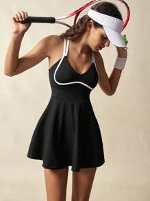 VARSIVA Women's Contrast Color Trim Spaghetti Strap Open Back Sleeveless Active Dress - Black and White - View 6