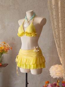 Bellisia Women's Summer Vacation Beach Solid Color Ruffled Halter Bikini Top