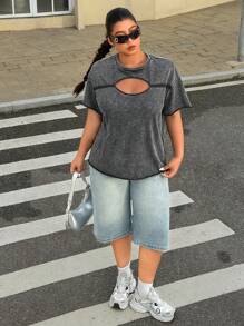 SHEIN EZwear Plus Size Loose Scoop Neck T-Shirt With Ruffle Detail, Suitable For Spring/Summer - Black - View 6