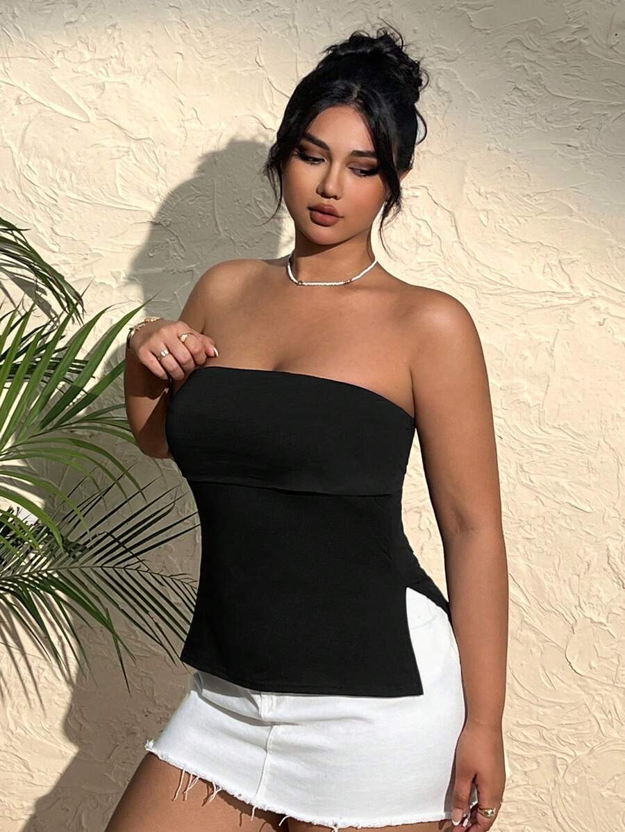 SHEIN EZwear 大尺寸純色無肩帶上衣，開叉設計 - 黑色 - 查看 1