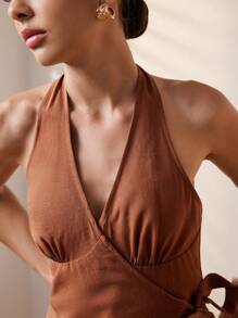 Uhlyne 女式休闲 V 领系带露背不对称亚麻衬衫 - 咖啡棕 - 查看 6