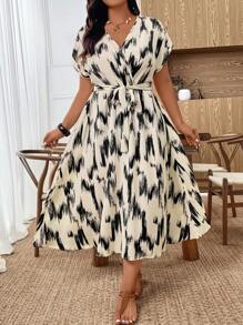 EMERY ROSE فستان طباعة مائية أنيق مقاسات كبيرة للسيدات، صاتان ياقة على شكل حرف V أكمام قصيرة بتصميم ربطة الخصر، مناسب للنزهات اليومية والعمل والمناسبات الراقية والحفلات