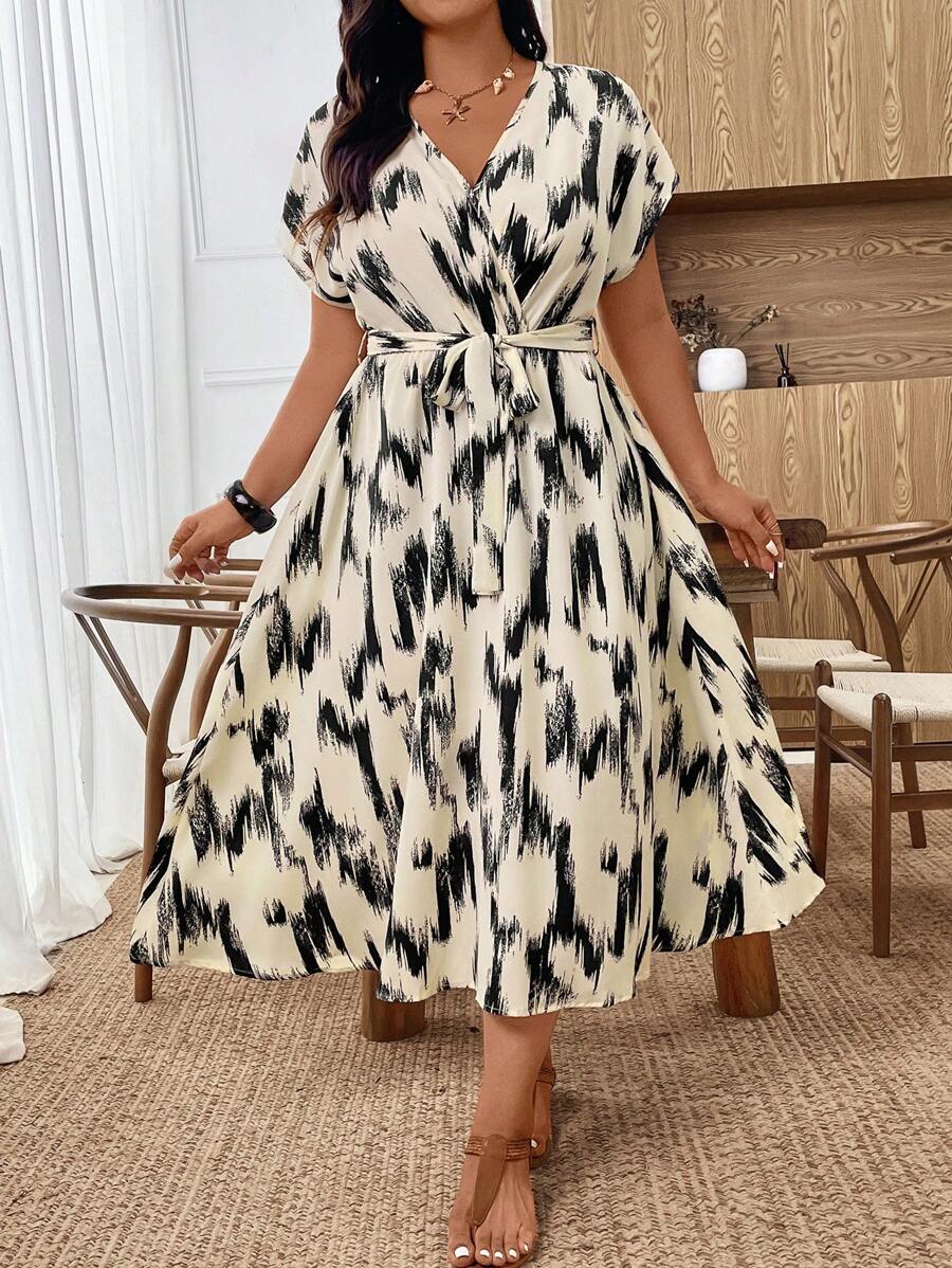 EMERY ROSE فستان طباعة مائية أنيق مقاسات كبيرة للسيدات، صاتان ياقة على شكل حرف V أكمام قصيرة بتصميم ربطة الخصر، مناسب للنزهات اليومية والعمل والمناسبات الراقية والحفلات