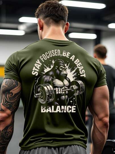 Manfinity Sport PWRUP Men's Gorilla Slogan Print Short Sleeve Active Tee