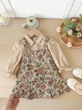 SHEIN Babygirl Elegant & Cute Khaki Long Sleeve Floral Print Shirt Dress Set