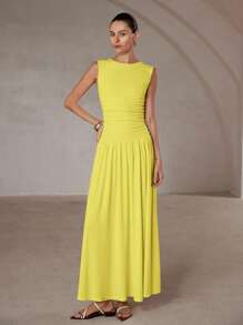 Aveloria Modichic 白色简约精致褶皱圆领无袖长裙 - 黃色 - 查看 4