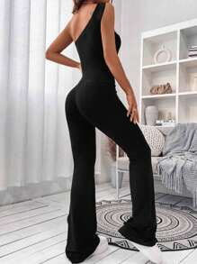 SHEIN EZwear Mono de pierna acampanada de unicolor para mujer, adecuado para el verano - Negro - Ver 2