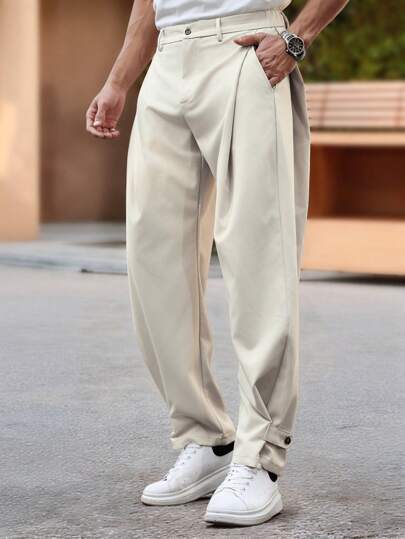 Manfinity Homme Plus Size Men's Casual Solid Color Pleated Loose Fit Slanted Pocket Suit Pants