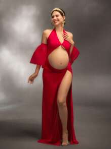 Cheriluna Maternity 孕妇性感纯色镂空露肩高开衩孕妇写真拍摄连衣裙，适合孕妇拍摄 - 紅色 - 查看 5