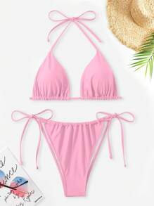 SHEIN Swim Curve طقم بكيني بربطة أمامية للنساء ذوات الحجم الكبير باللون الأحادي، مثير وعصري للاستخدام اليومي والعطلات ال- 2 قطعة - وردي - مشاهدة 5