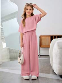 SHEIN Tween Girls Casual Vacation Solid Color Round Neck Short Sleeve Two-Piece Set - Pink - View 4