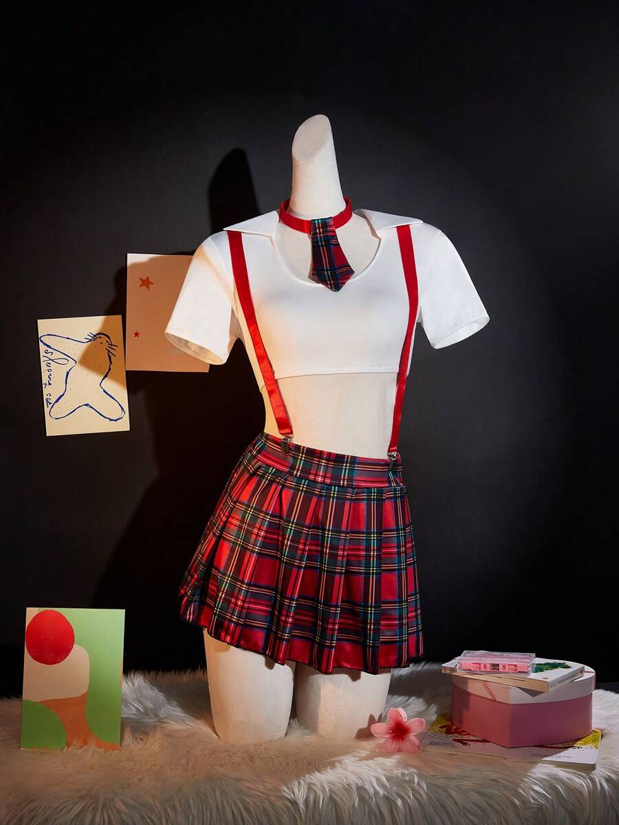 SHEIN 3 件套少女服装（上衣、裙子、领带） - 紅色 - 查看 1